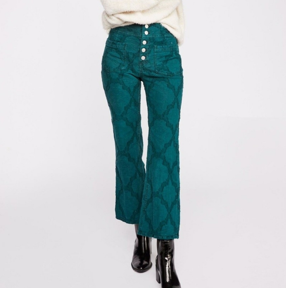 We The Free Womens Liv Flare Leg Sz‎ 27 Pattern Turquoise Textured Cropped Pants